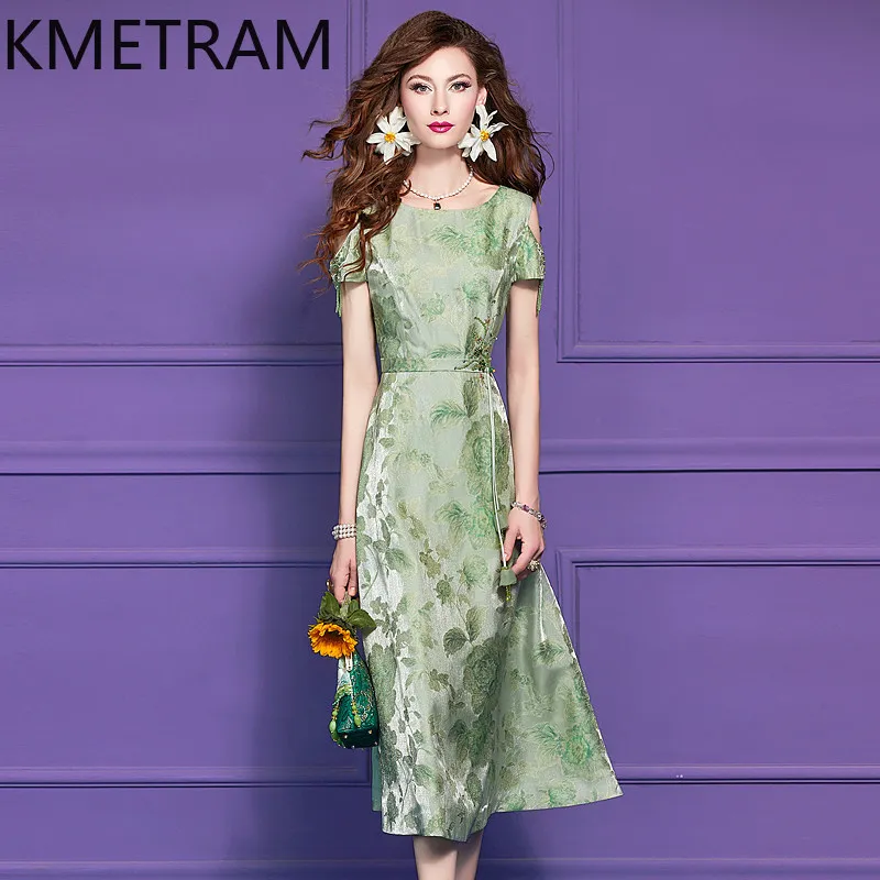 KMETRAM Green Jacquard Midi Dresses for Women Fashion Cold Shoulder A-Line Dress Elegant Summer Frocks Woman Clothes 2026 платье