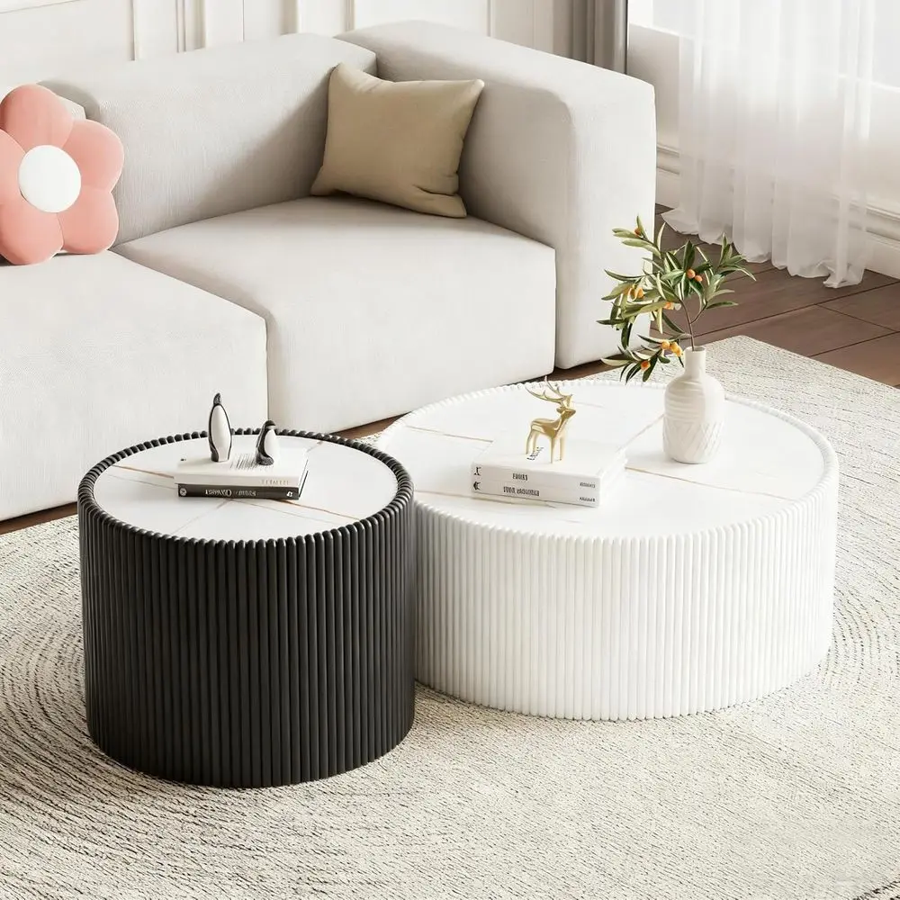 

29.52 White Drum Center Table & 17.71 Black Coffee Table Set with PU Leather Top & Stable Base