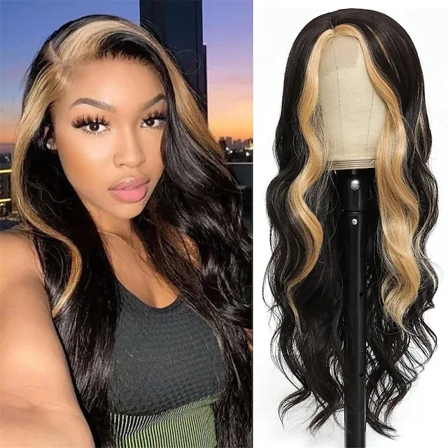 European and American women's long curly hair with alternating colors, large waves, and gradient synthetic wig, full head cover