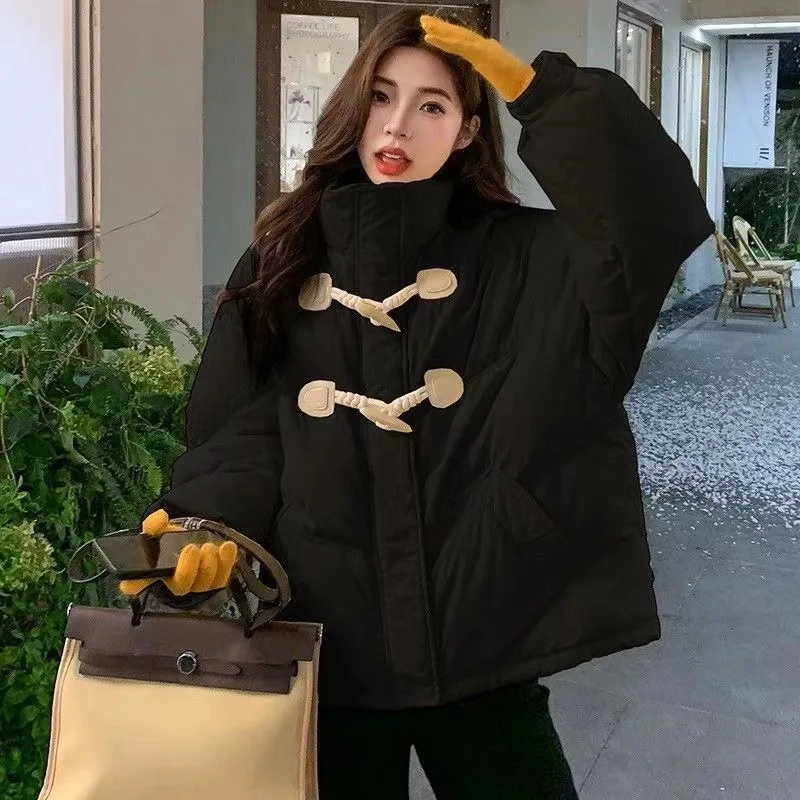 

Korean Style Horn Button Bread Cotton-Padded Jacket Winter Women's Student Puffer Jacket Thicken Girl's Zipper Loose Top Coat