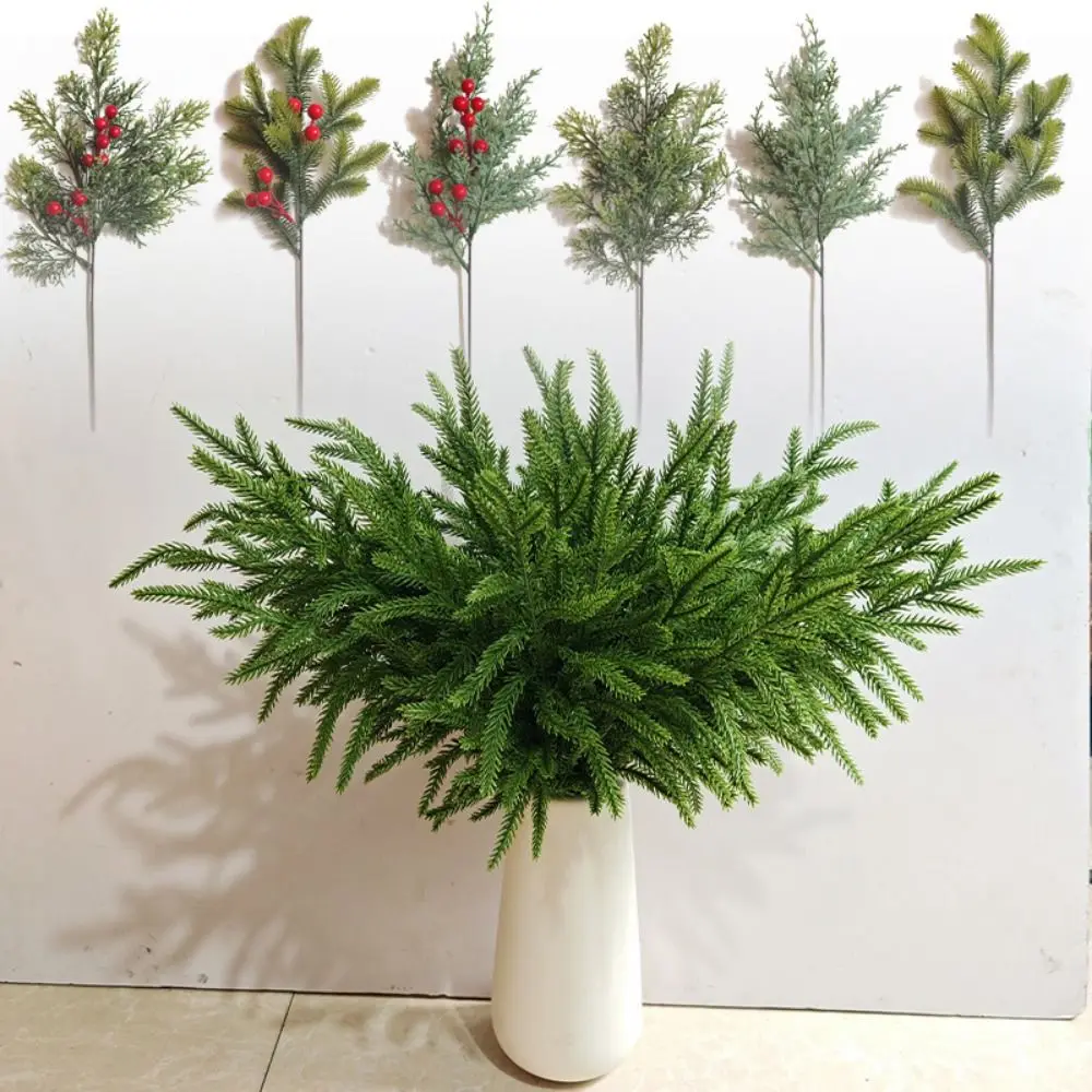 

Green Artificial Pine Branch Plastic DIY Wreath Simulation Pine Needle Christmas Tree Festival Ornament Fake Red Berry Leaves