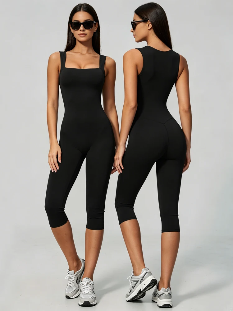 VITALINOVO Women's Sleeveless Yoga Romper Square Neck One Piece Seamless Padded Tank Top Jumpsuit Capri Leggings Workout Rompers