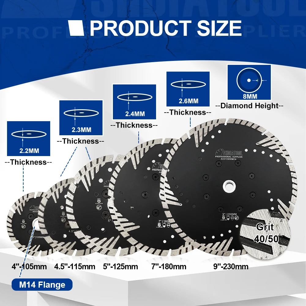 Imagem -02 - Shdiatool-diamond Saw Blade com Proteção Inclinação Dentes Triângulo Metal Bond Disco de Corte Pedra Granito Concreto Rosca M14 1pc