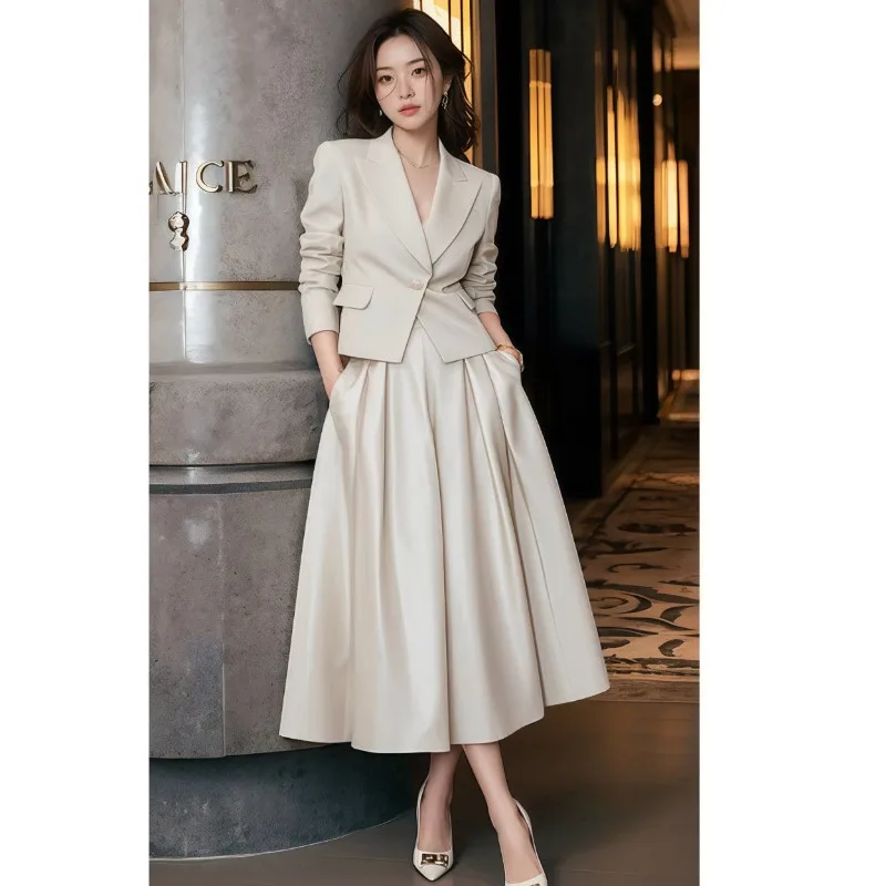 

Новый корейский модный осенний женский комплект из двух предметов, высококачественный пиджак с лацканами и длинными рукавами + юбка трапециевидной формы, однотонный офисный женский костюм