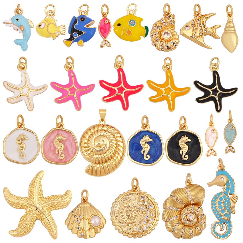 Trendy Ocean Scallop Starfish Dolphin Seahorse Charm Necklace Pendant,Multicolor Enamel Summer Beach Holiday Jewelry Supply K80