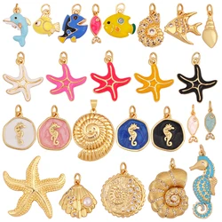 Trendy Ocean Scallop Starfish Dolphin Seahorse Charm Necklace Pendant,Multicolor Enamel Summer Beach Holiday Jewelry Supply K80