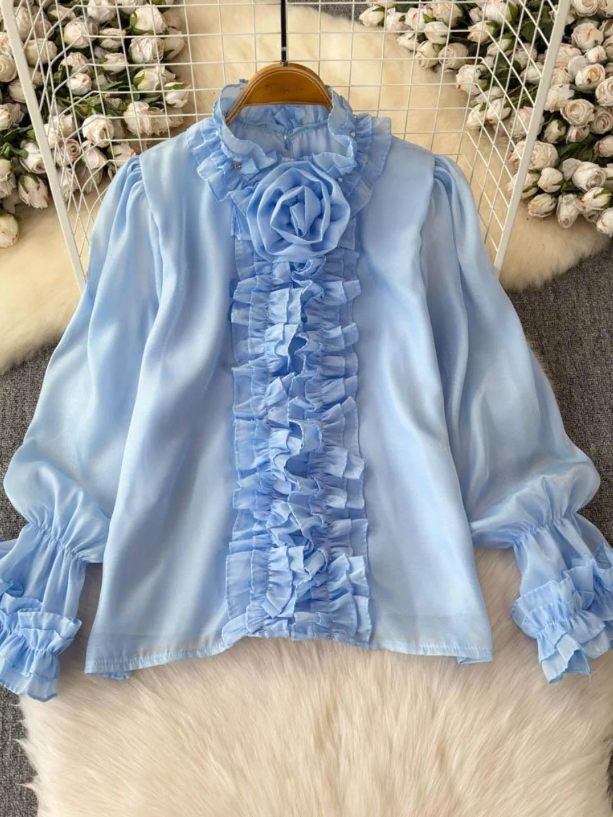 Retro Court Style Heavy Embellished Women's Shirt Design Sensation High-End Chiffon Stand Collar Fashionable Blouse
