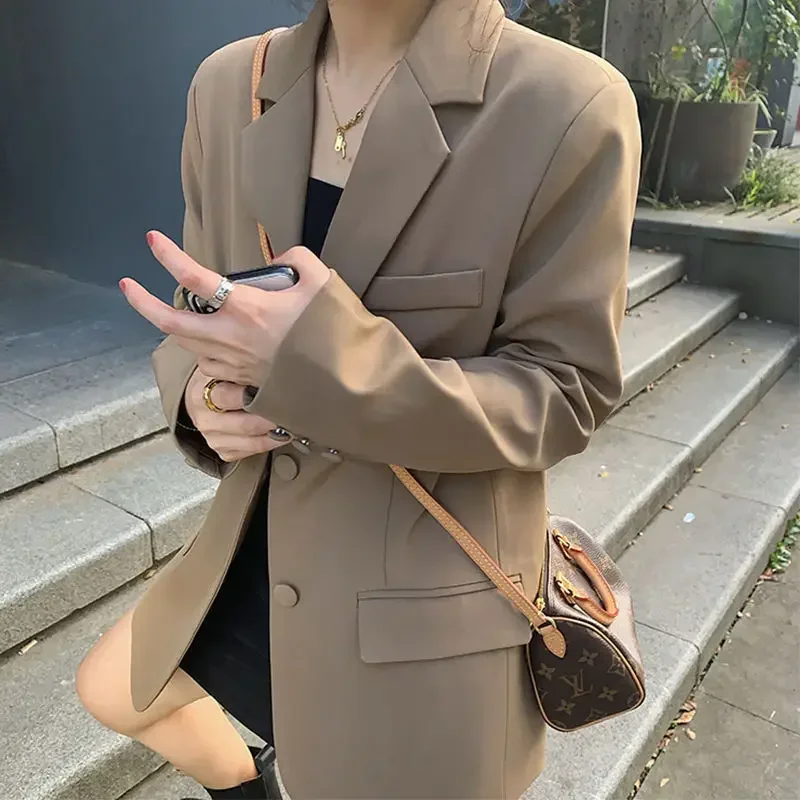 

Elegant Khaki Blazer for Women 2023 New External Clothes Autumn Korean Fashion Small Blazers Women's Casual Long Sleeve Top Coat