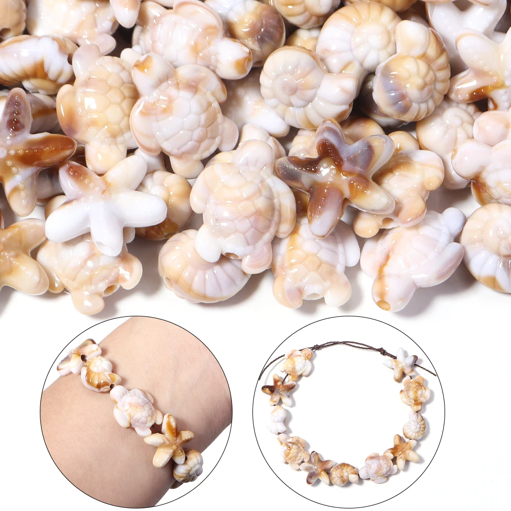 50pcs/lot Ocean Animal Acrylic Beads Turtle Starfish Conch Beads Beige Loose Beads For Jewelry Making DIY Bracelet Accessories view 3