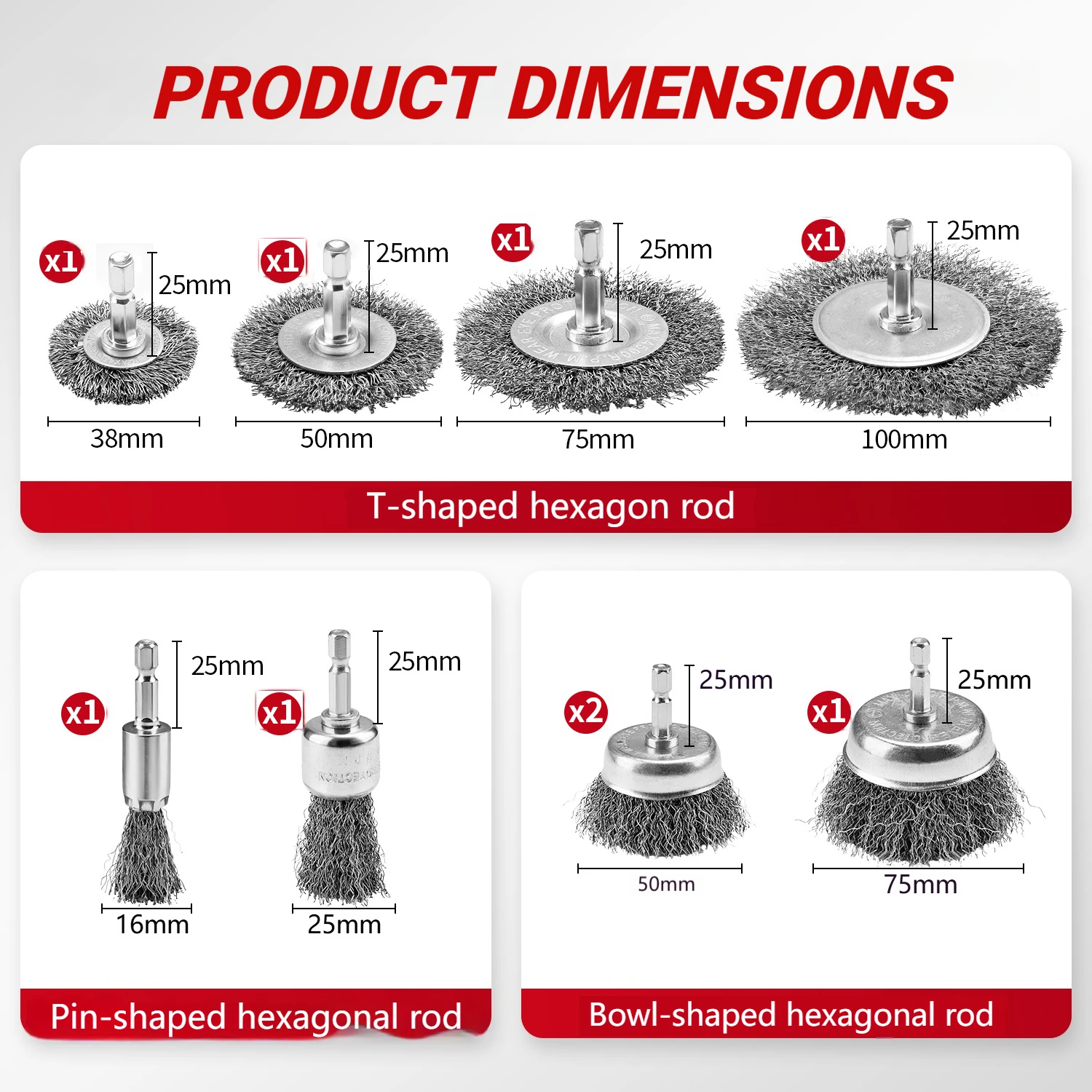 SI FANG 9-Piece Wire Brush Wheel Set for Drill Carbon Steel Crimped Cup Brush with 1/4 Inch Hex Shank for Cleaning And Polishing