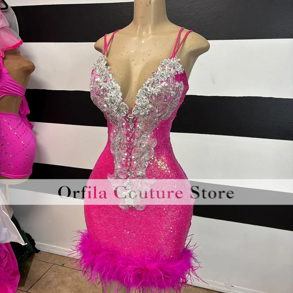 Luxury Crystal Birthday Dresses For Women Spaghetti Straps Short Feathers Prom Gowns Mini Party Outfits Cocktail Wear Customized