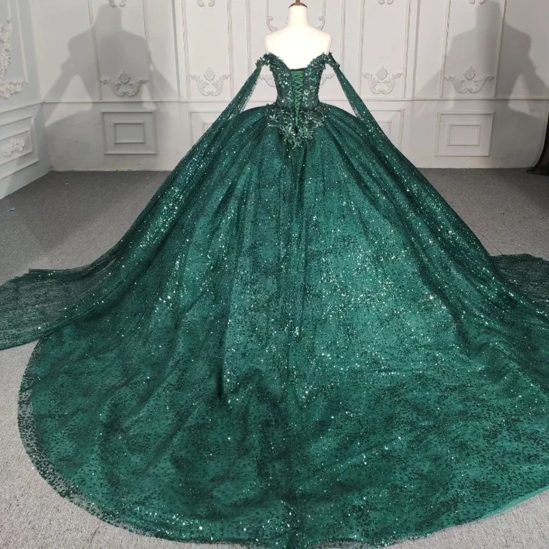 Blackish Green Sexy Backless Sparkly Ball Gown Quinceanera Dress Off The Shoulder Birthday Party Gowns Beaded Prom Dresses Vesti