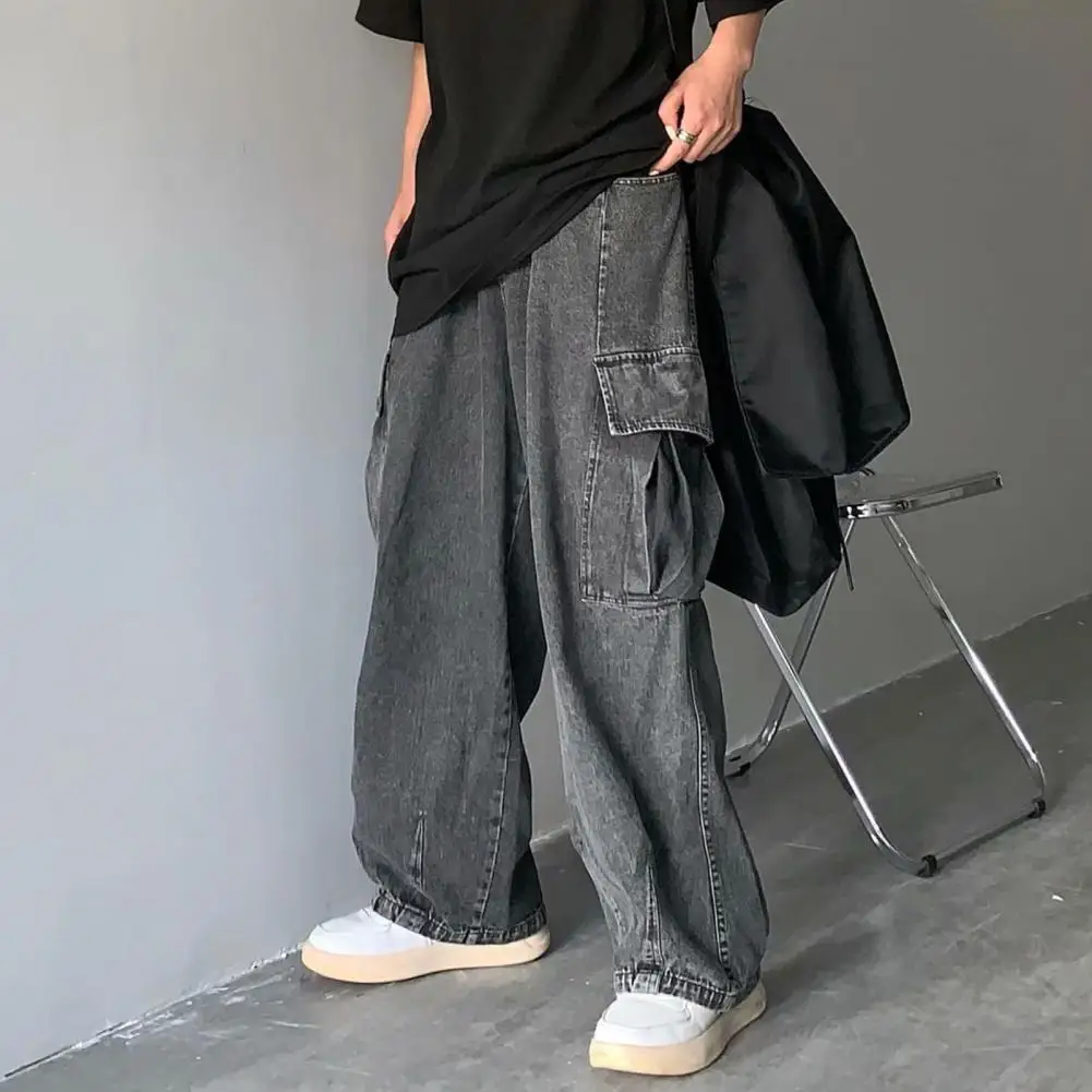 Elastic Waist Men Jeans Streetwear Men's Cargo Jeans with Multiple Pockets Wide Leg Denim Pants Retro Loose Fit for Summer