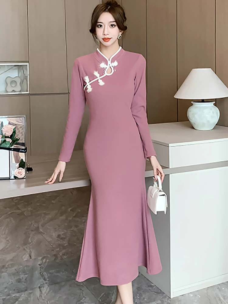 Autumn Winter Pink Corduroy Thick Elegant Long Dress Women Fashion Chic Ruffled Dress 2024 Korean Bodycon Luxury Evening Dresses