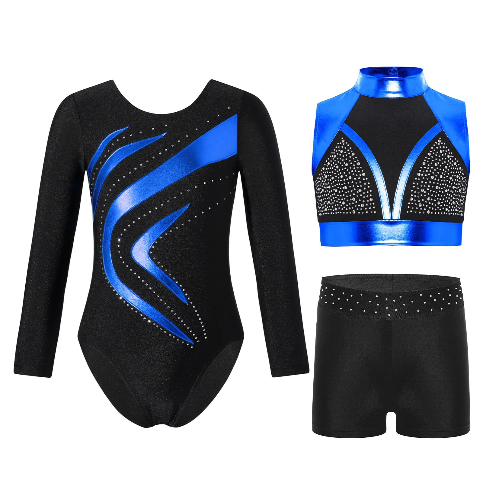 

Children Gymnastics Jazz Dance Practice Training Costume Long Sleeve Metallic Shiny Leotard+ Metallic Tank Crop Top+Shorts Set