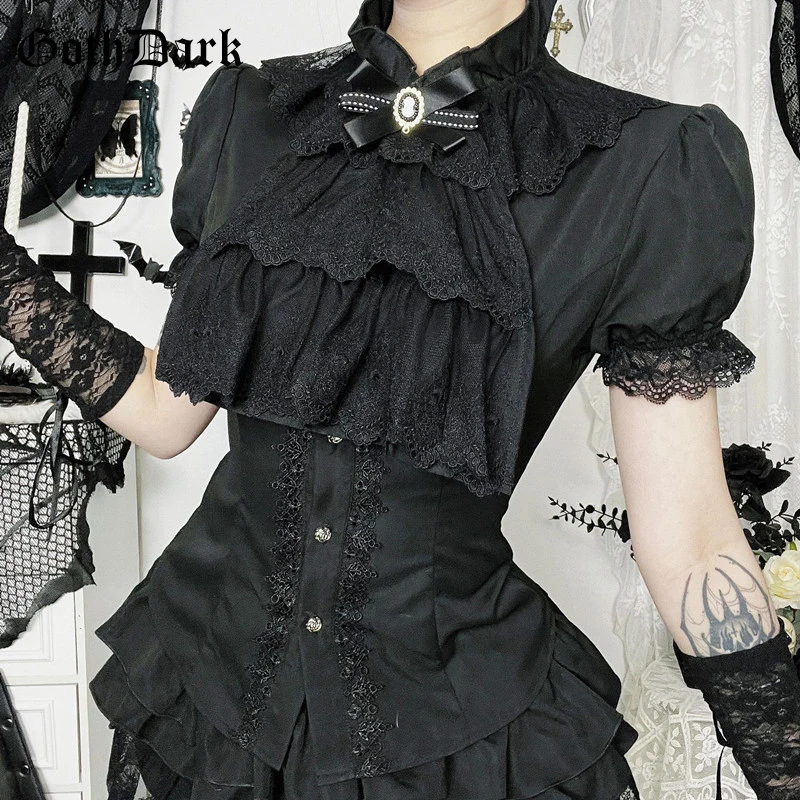 

Goth Dark Harajuku Fashion Short Sleeve Lace Patchwork Shirts Women Alt Techwear Mall Gothic Button Slim Blouse Shirt Cute Tops