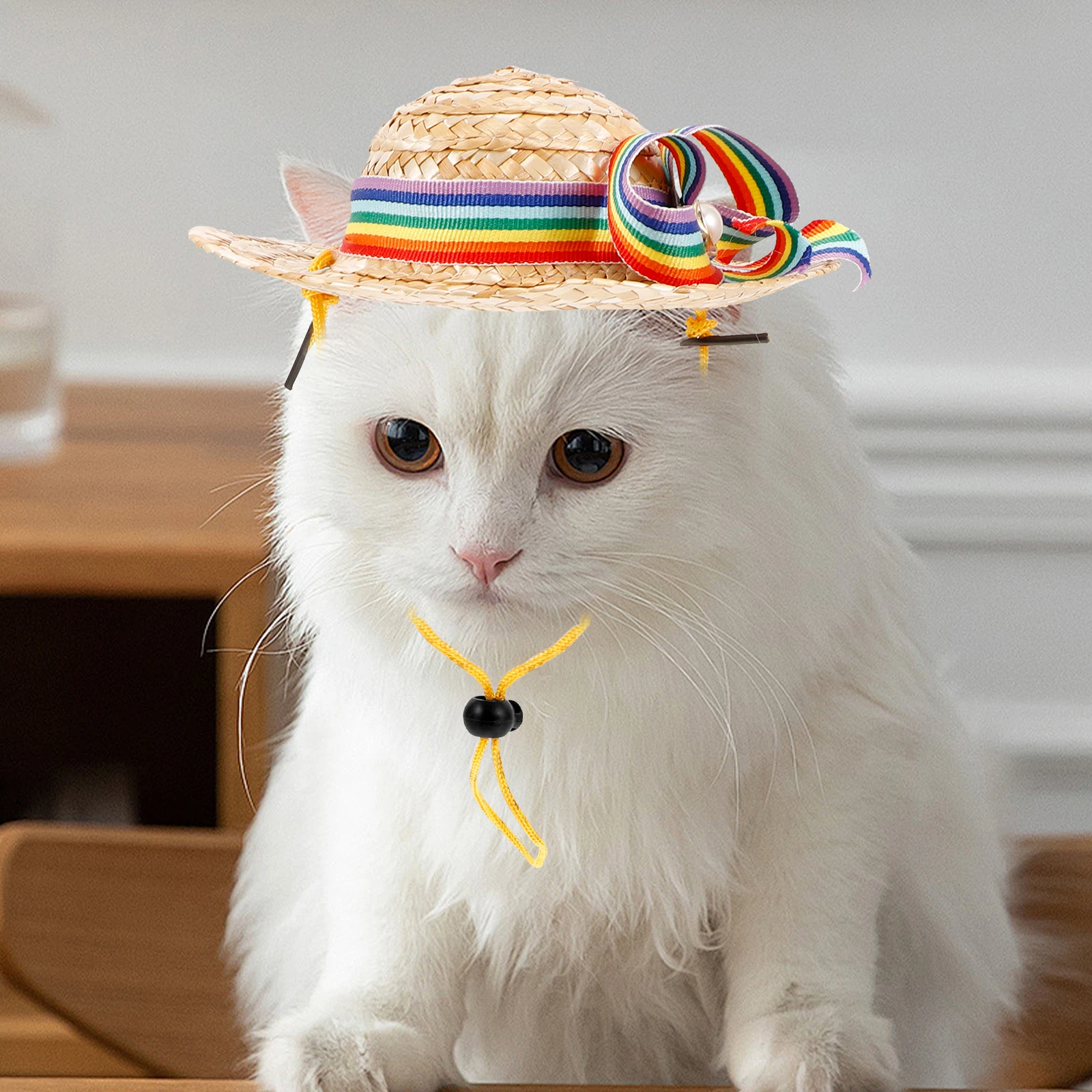 

Pet Straw Hat Cat Dog Hats Headwear Cap Puppy Accessory Decorative Summer Headgear 2 Number Rainbow Stripe M Size for Parties