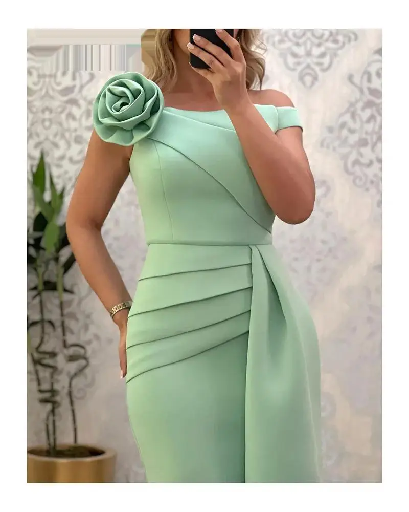 Green Off The Shoulder Prom Dress Short Sleeves With Knee Length Evening Summer Elegant Party Dress For Women 2023