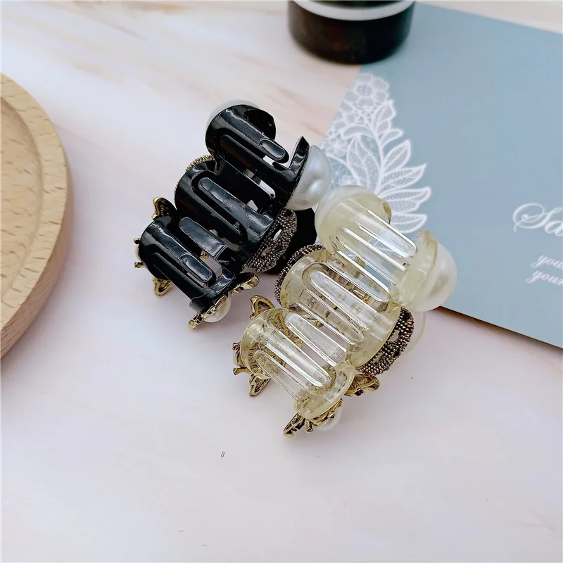 Fashion Imitation Pearl Crystal Bee Hair Claw Vintage Plastic Hairclip for Women Girls Makeup Washing Face Ponytail Bun Hairpin