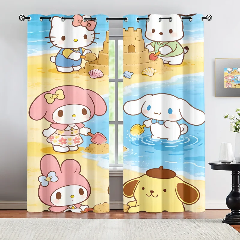 

2pcs Sanrio Sand & Sea Print Blackout Curtains Light Blocking Sunscreen Grommet Window Drapes For Kids Bedroom Nature Home Decor