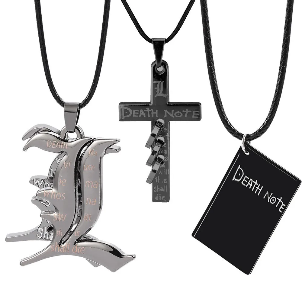 

Anime Death Note L Logo Pendant Necklace Cross Black Rope Leather Choker Fashion Mystery Jewelry Accessory for Men Women