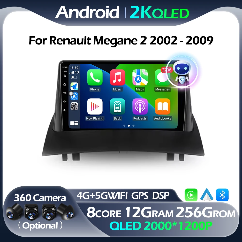 

For Renault Megane 2 2002 - 2009 Car Multimedia Stereo Video Player Navigation GPS 4G Carplay Android Auto 5GWIFI BT