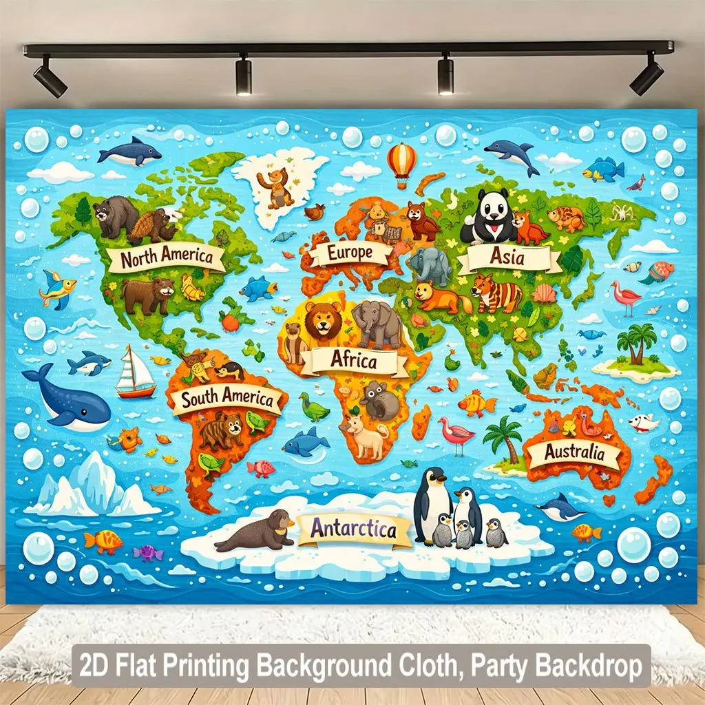 Cute Animal World Map Tapestry, Kids Educational Geography Wall Hanging, Cartoon Continent Decor for Nursery Playroom Bedroom