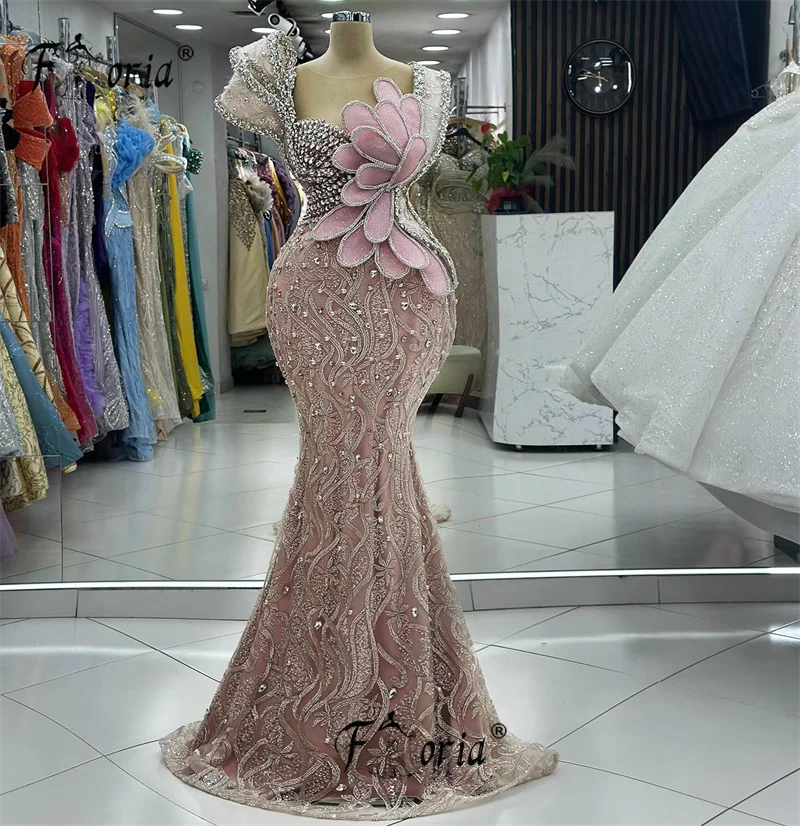 Charm Beaded Crystal Evening Dress Pink 3D Floral Appliques Celebrity Party Dress Long Prom Gown Luxury Gala Dresses Women 2024