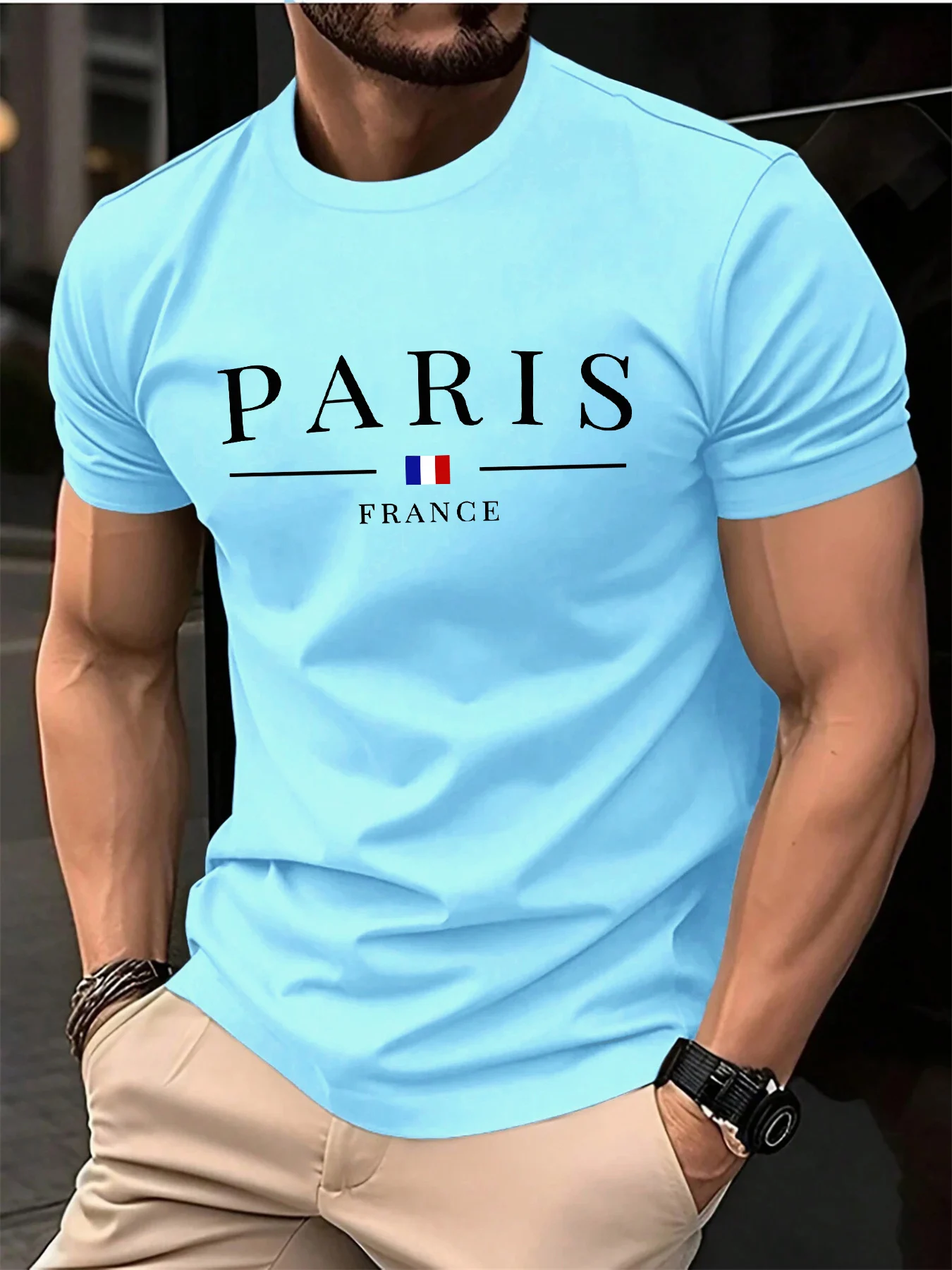 

Men's summer casual loose plus size Paris French print sports comfortable round neck short sleeved T-shirt