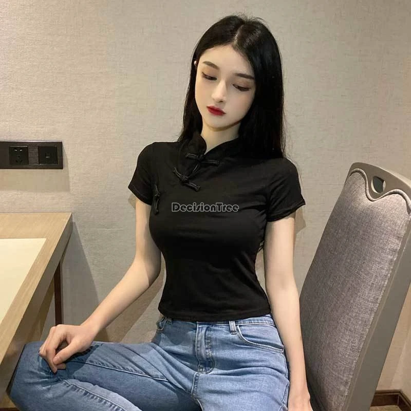 2024 women summer slim-fit chinese style improved cheongsam tray buckle short crop blouse short sleeve sexy fashion qipao w909