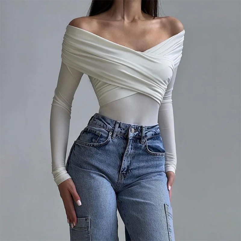 

Talenza White See-through Patchwork Jumpsuit Women's Sexy High Waist Long Sleeve Off Shoulder Jumpsuit Pleated Slim Fit Jumpsuit