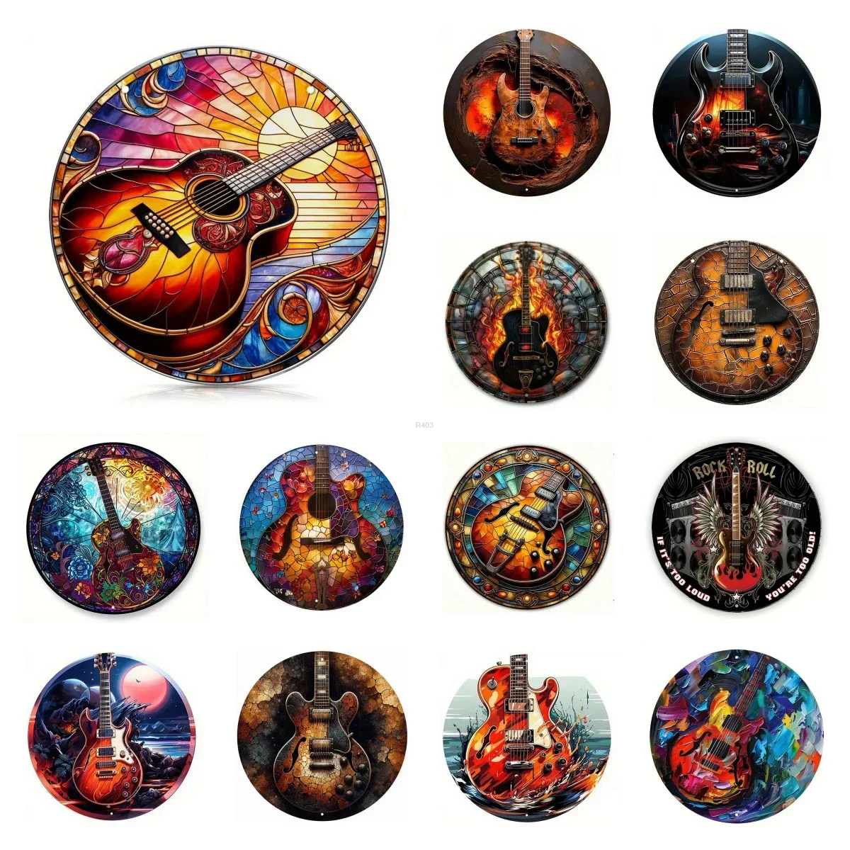 Stained Glass Guitar Rock Music Art 2D flat Round Metal Tin Sign 7.87x7.87 Inch Vintage Wall Decor For Music Studio Bar Room