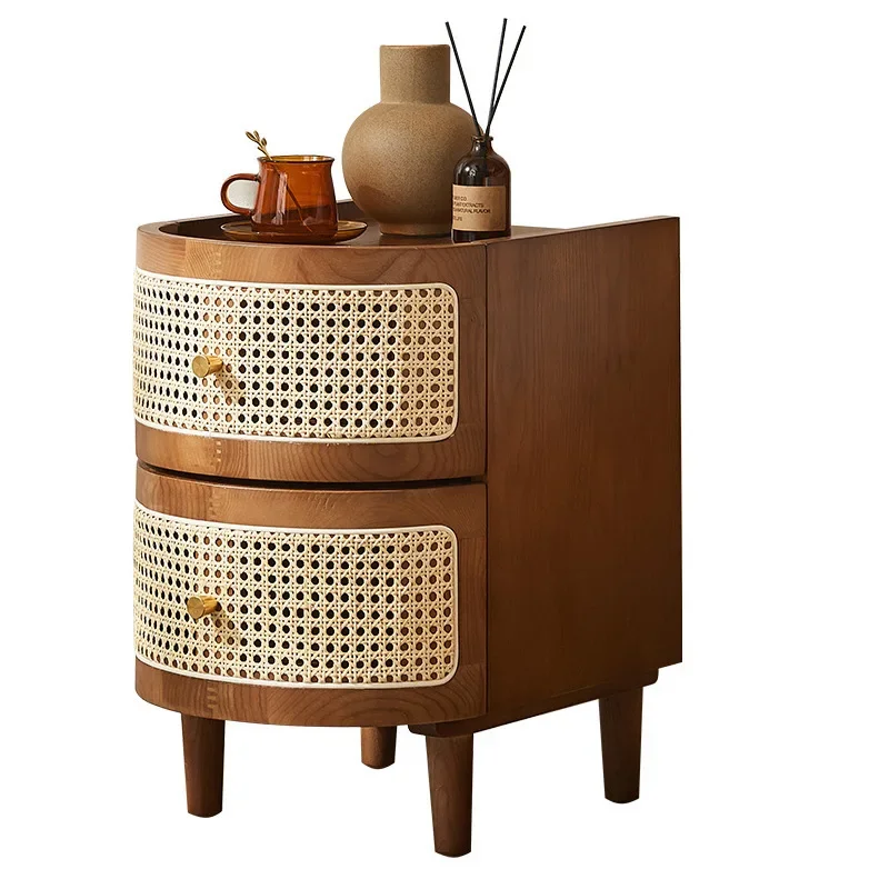 Solid wood rattan bedside table, Japanese-style small side cabinet