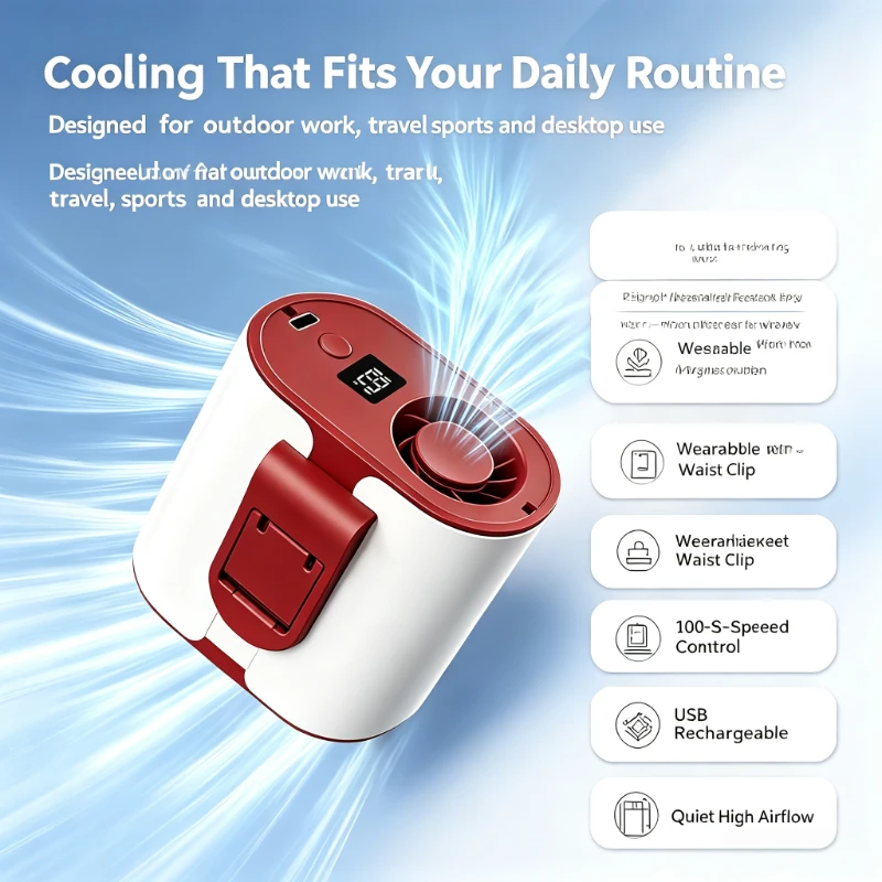 4-in-1 Waist Clip Fan Outdoor Portable USB Rechargeable Multifunctional Cooling Fan with Long Battery Life High Airflow