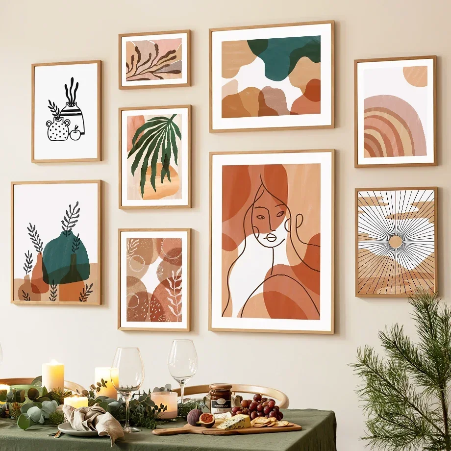Multi-size 1PC frameless high-definition decorative paintings,Sun Leaves Girl Vase Abstract Boho Landscape Wall Art Canvas Paint