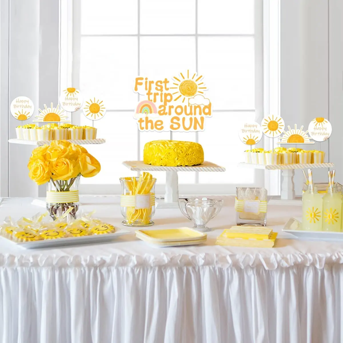 Funmemoir First Trip Around The Sun Cake Topper Sunshine Cupcake Toppers Sun 1st Birthday Party Cake Decorations for Boys Girls