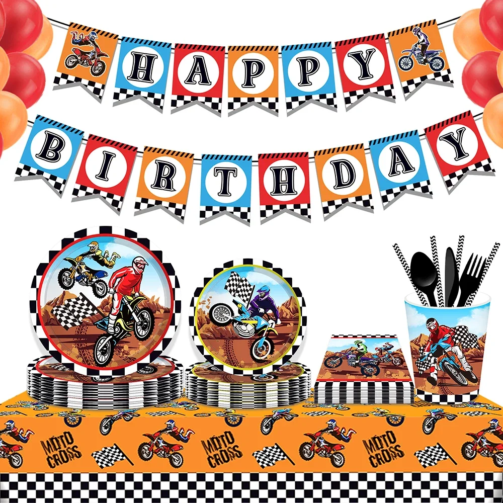 Motorcycle Autocycle Motocross Race Game Birthday Party Disposable Tableware Sets Plates Napkins Tablecovers Baby Shower Party