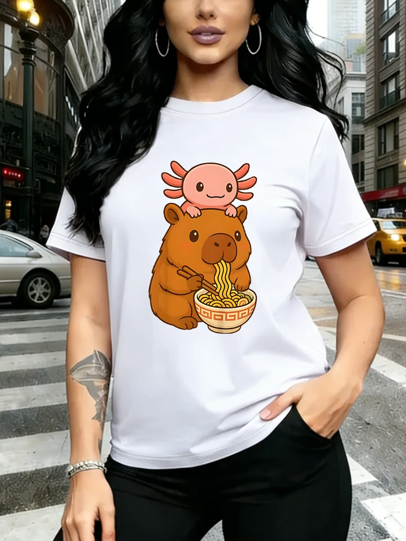 Cute Capybara Eating Ramen With Axolotl On Head Kawaii Art Print Graphic Ladies T Shirt Short Sleeve Crew Neck Casual Tee Tops