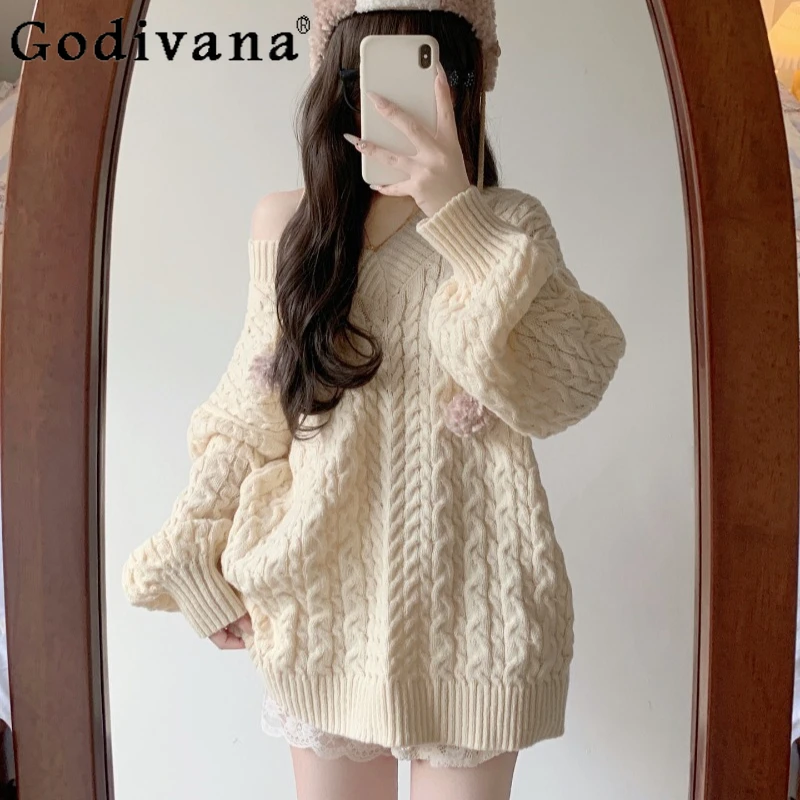 

Loose Asymmetrical V Neck Sweater for Women Autumn Winter Lantern Sleeve Jumpers Female Japanese Style Knitted Pullovers