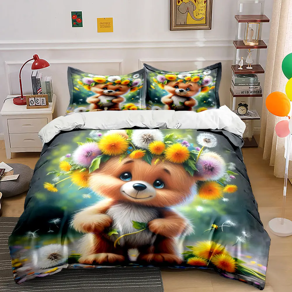 

Cute bear with dandelion crown Print Bedding Set 1 Duvet Cover 2 Pillowcases for Adult and Children Luxury Gift Full Size