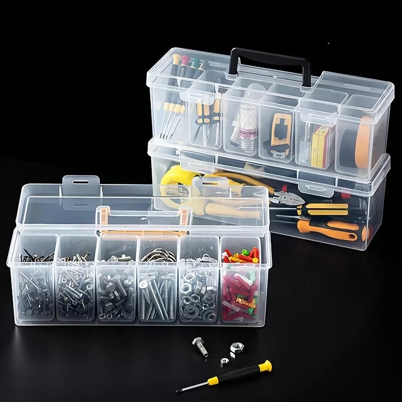 7Pcs Portable Tool Storage Box, Clear Plastic Parts Organizer with 6 Removable Bins, Heavy Duty Hardware Case for Screws Nails