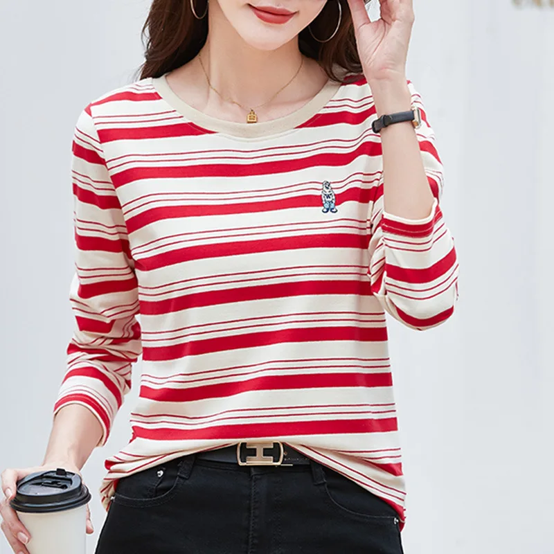 Spring Autumn Women\'s Pullover Round Neck Embroidery Solid Striped Long Sleeve Undershirt Slim T-shirt Office Lady Casual Tops