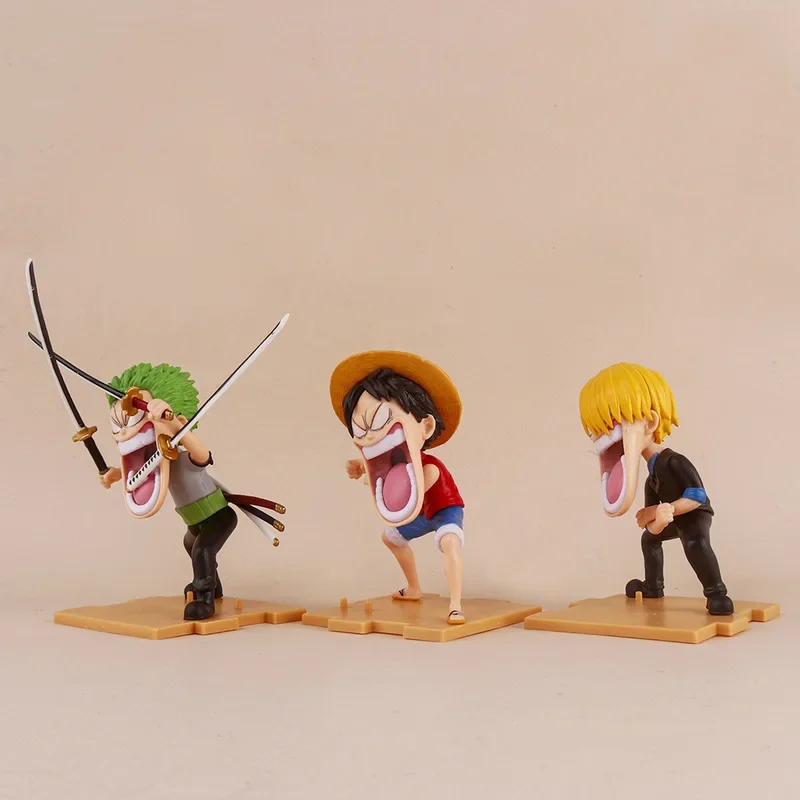 3ชิ้นตุ๊กตาขยับแขนขาได้หนึ่งชิ้นอนิเมะ luffy Zoro Sanji figuras ของเล่นหุ่นตัวการ์ตูนรูปปั้นพีวีซีเครื่องประดับโมเดลของขวัญสำหรับเด็ก