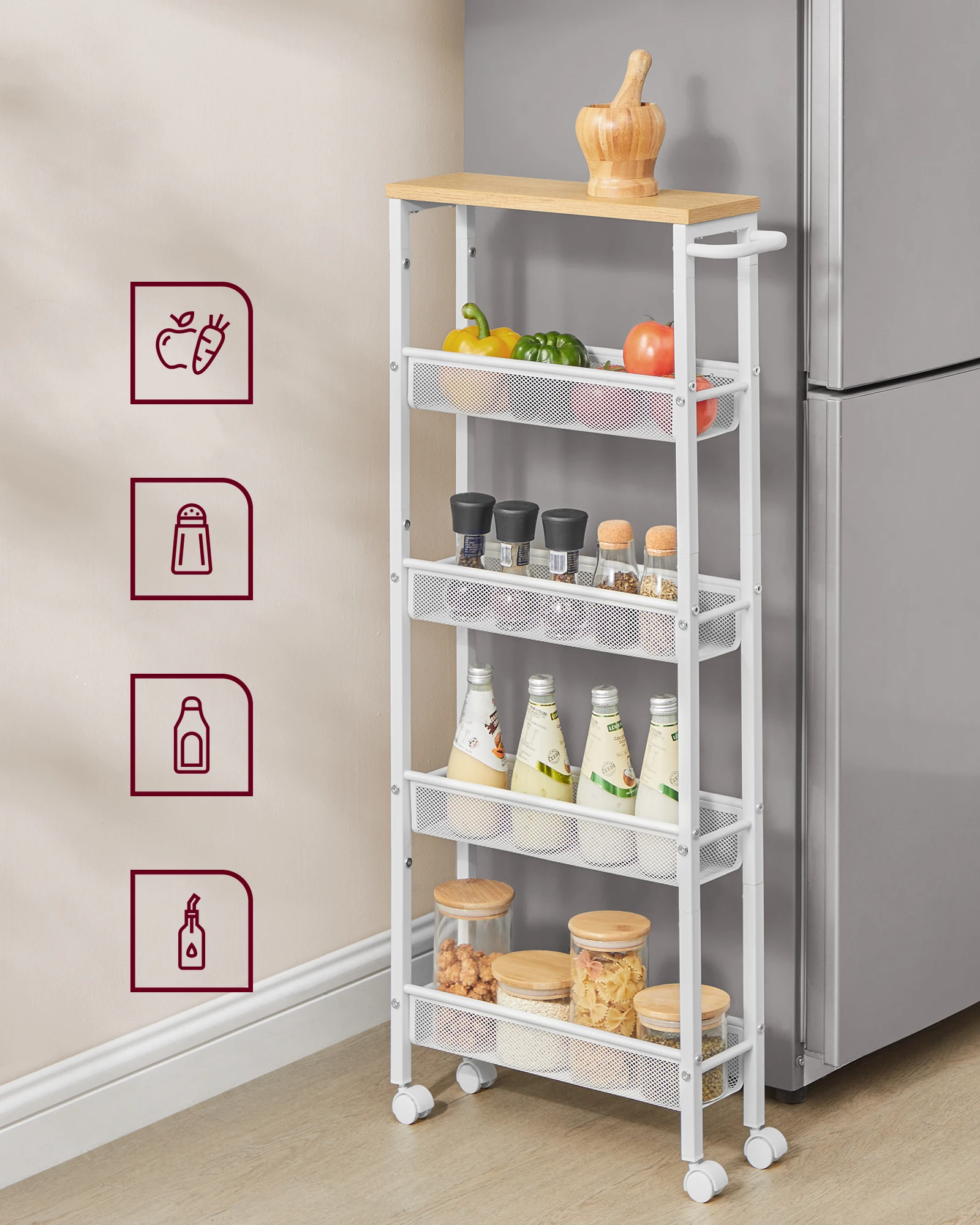 Kitchen trolley Narrow concave shelf modern steel frame bar trolley on wheels