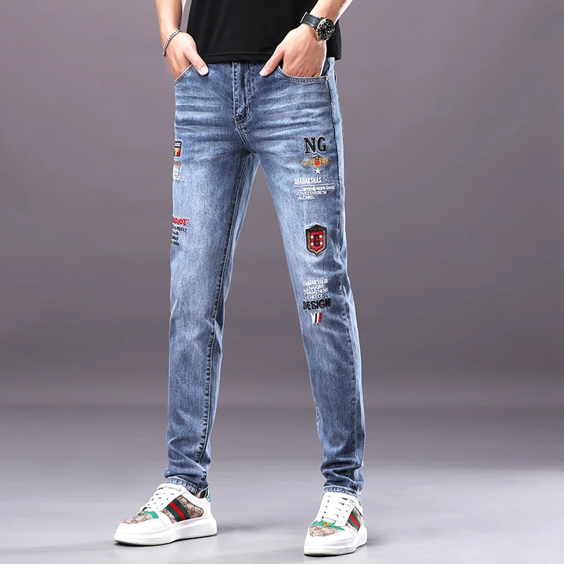 

CJ5577 European high street embroidered denim jeans with men's slim fit, casual, versatile and elastic small feet