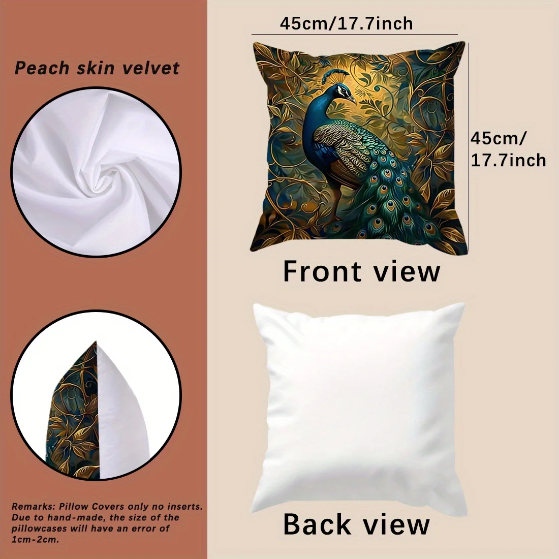 4-teiliges Vintage-Set mit Ölgemälde-Pfau-Motiv, einseitig bedrucktes Überwurfkissen, Sofabezug – Überwurf-Kissenbezug – Detail 4