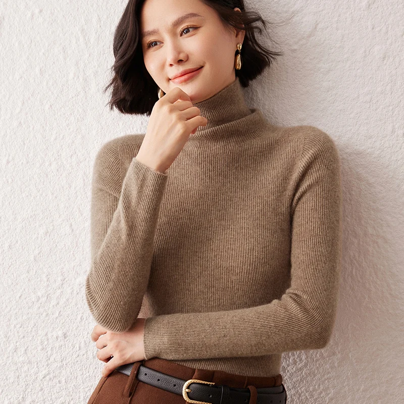 100% pure cashmere sweater, slim-fitting women's knitted pullover, autumn and winter high-neck pure color warm soft base top