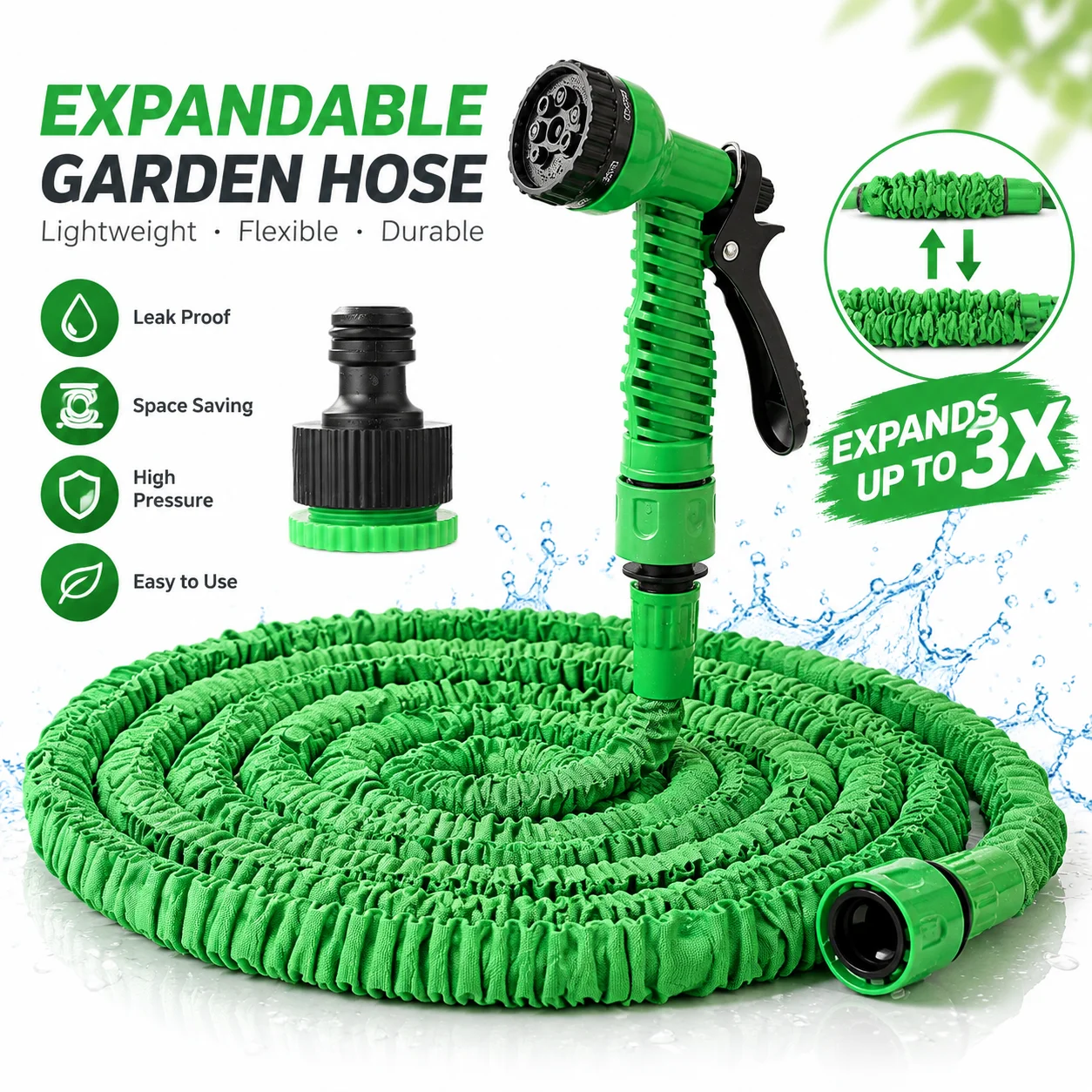 Expandable Garden Hose 3X Flexible Magic Hose High Pressure Leak-Proof Lightweight Watering Hose with Multi-Function Spray Gun