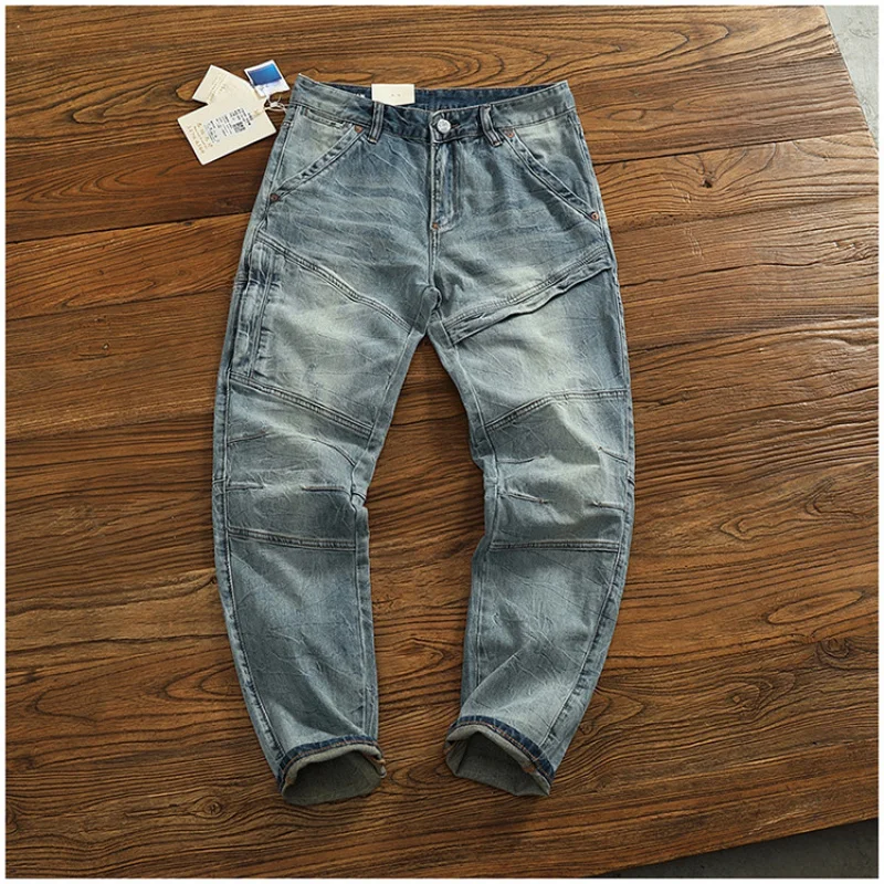 Motorcycle-style stretchy retro vintage comfortable slim-fit men's jeans, trendy brand, slim-fit,high-end, patchwork men's jeans