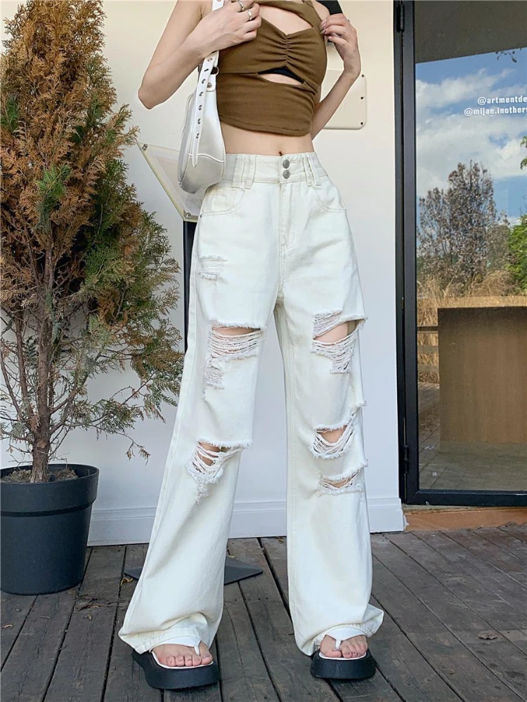 

ADAgirl White Ripped Jeans for Women Hip Hop Y2k Vintage Baggy Hole Kpop Straight Wide Leg Denim Pants Streetwear Retro Trousers